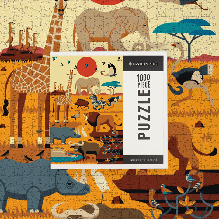 Savanna Animals, Textured Geometric, Jigsaw Puzzle Puzzle Lantern Press 