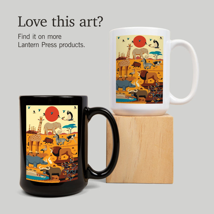 Savanna Animals, Textured Geometric, Lantern Press Artwork, Ceramic Mug Mugs Lantern Press 