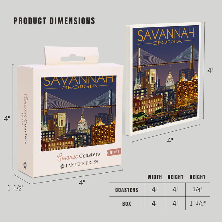 Savannah, Georgia at Night, Lantern Press Artwork, Coaster Set Coasters Lantern Press 