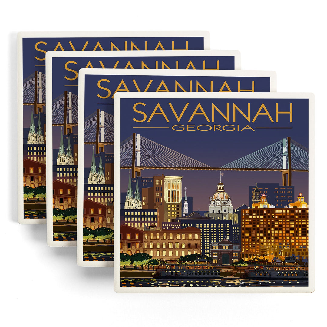 Savannah, Georgia at Night, Lantern Press Artwork, Coaster Set Coasters Lantern Press 