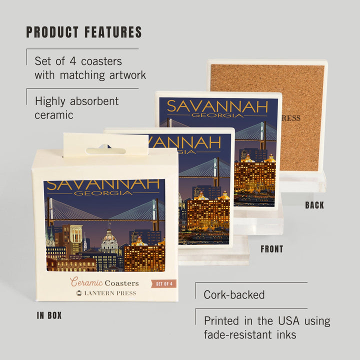 Savannah, Georgia at Night, Lantern Press Artwork, Coaster Set Coasters Lantern Press 