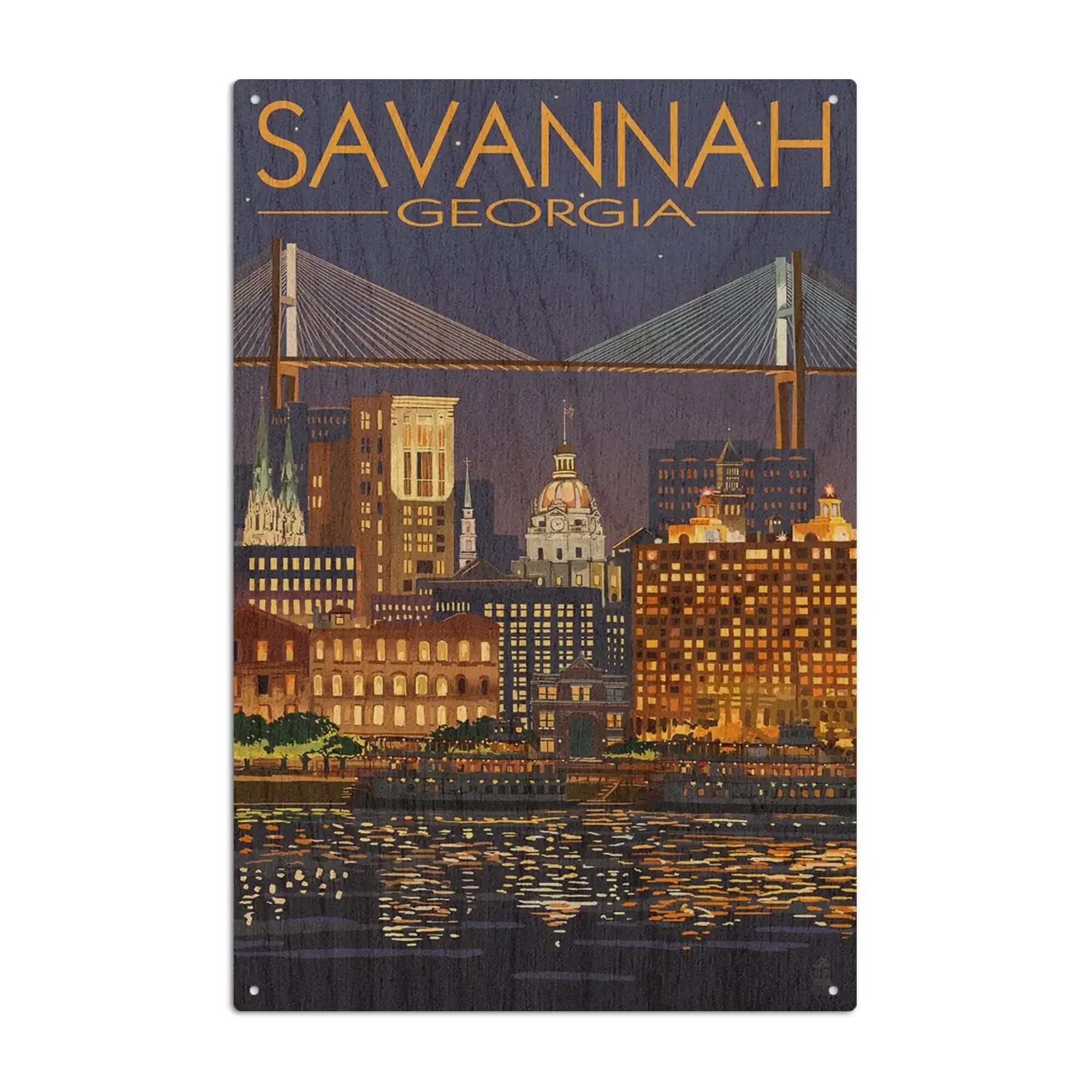 Savannah, Georgia at Night, Lantern Press Artwork, Wood Signs and Post