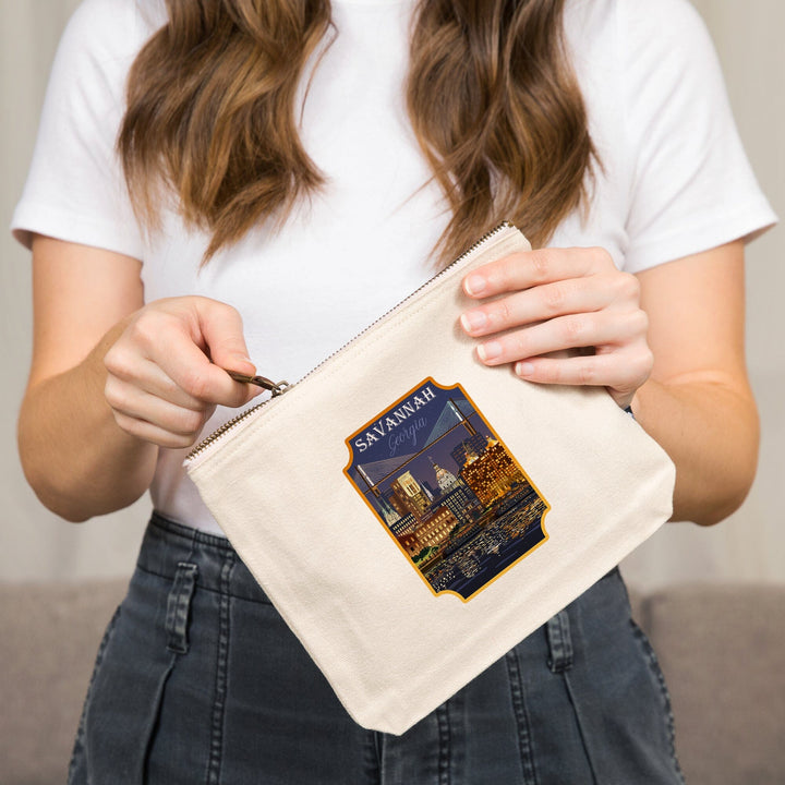 Savannah, Georgia, City at Night,, Organic Cotton Zipper Pouch, Go Bag Go Bag Lantern Press 