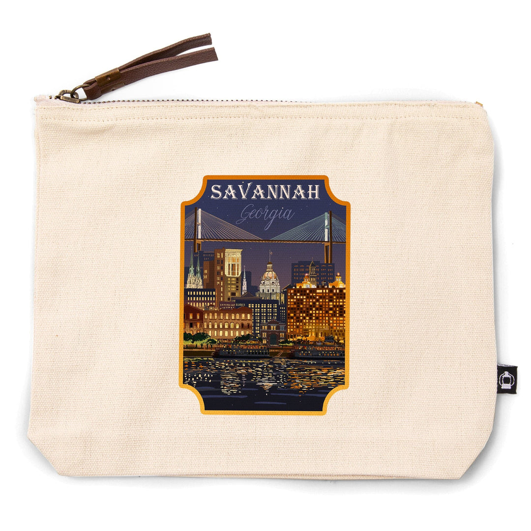 Savannah, Georgia, City at Night,, Organic Cotton Zipper Pouch, Go Bag Go Bag Lantern Press 
