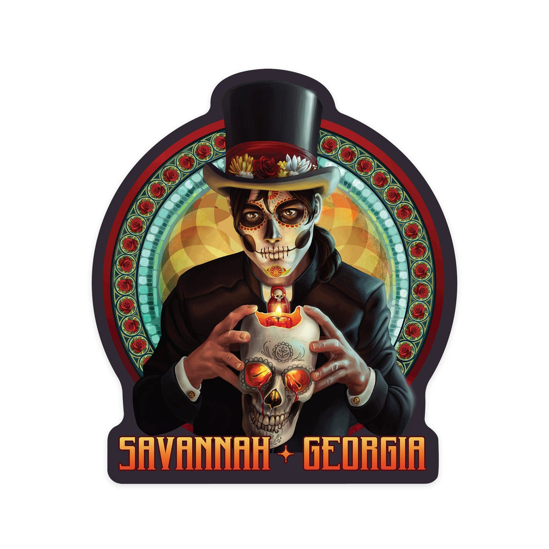 Savannah, Georgia, Day of the Dead, Man and Candle, Contour, Vinyl Sticker Sticker Lantern Press 