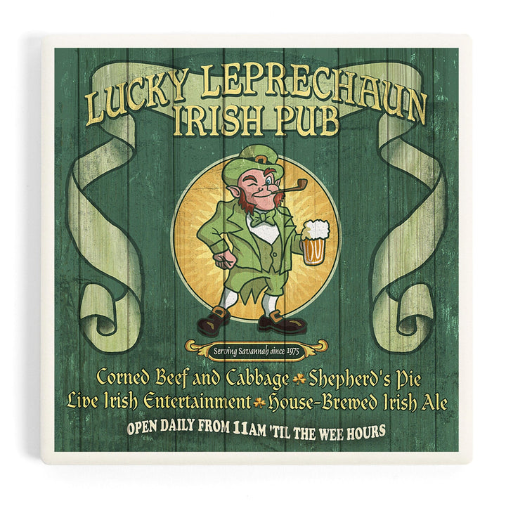 Savannah, Georgia, Leprechaun Irish Pub Vintage Sign, Coasters Coasters Lantern Press 