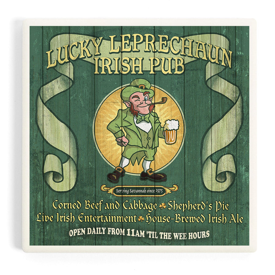 Savannah, Georgia, Leprechaun Irish Pub Vintage Sign, Coasters Coasters Lantern Press 