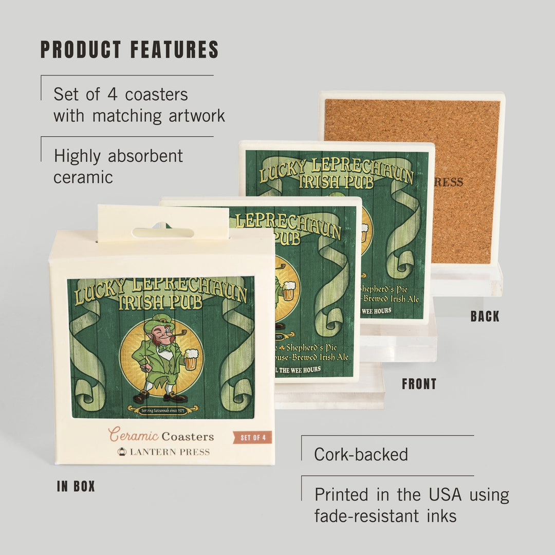 Savannah, Georgia, Leprechaun Irish Pub Vintage Sign, Coasters Coasters Lantern Press 