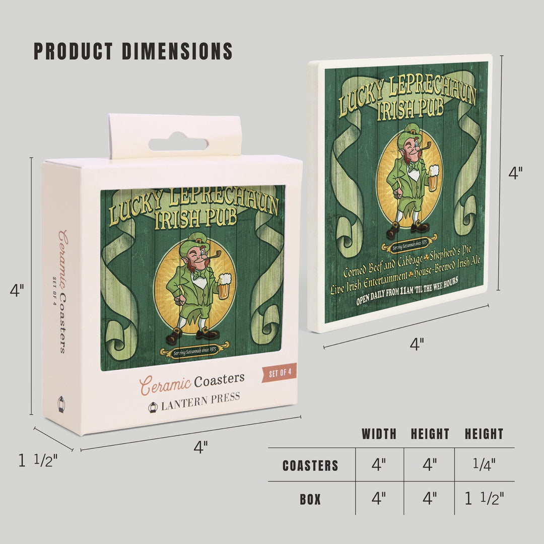 Savannah, Georgia, Leprechaun Irish Pub Vintage Sign, Coasters Coasters Lantern Press 