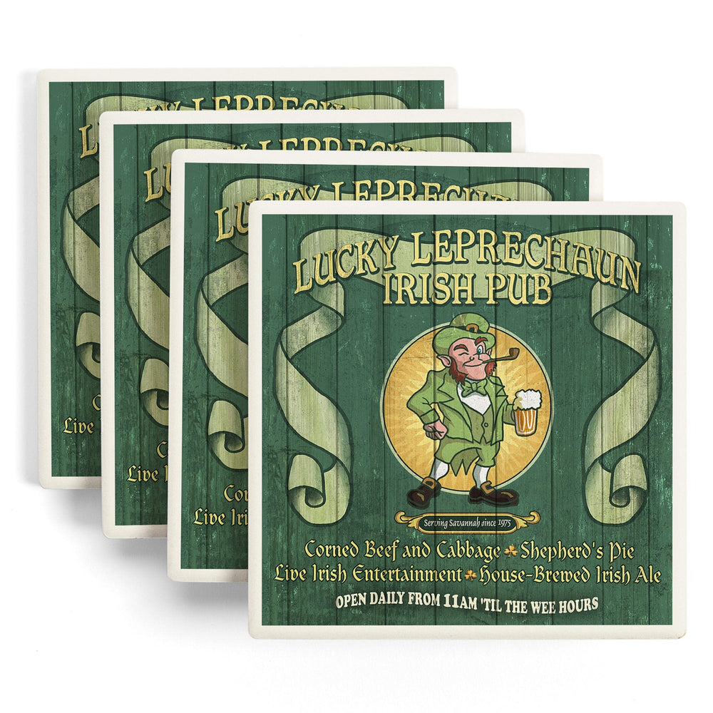 Savannah, Georgia, Leprechaun Irish Pub Vintage Sign, Coasters Coasters Lantern Press 