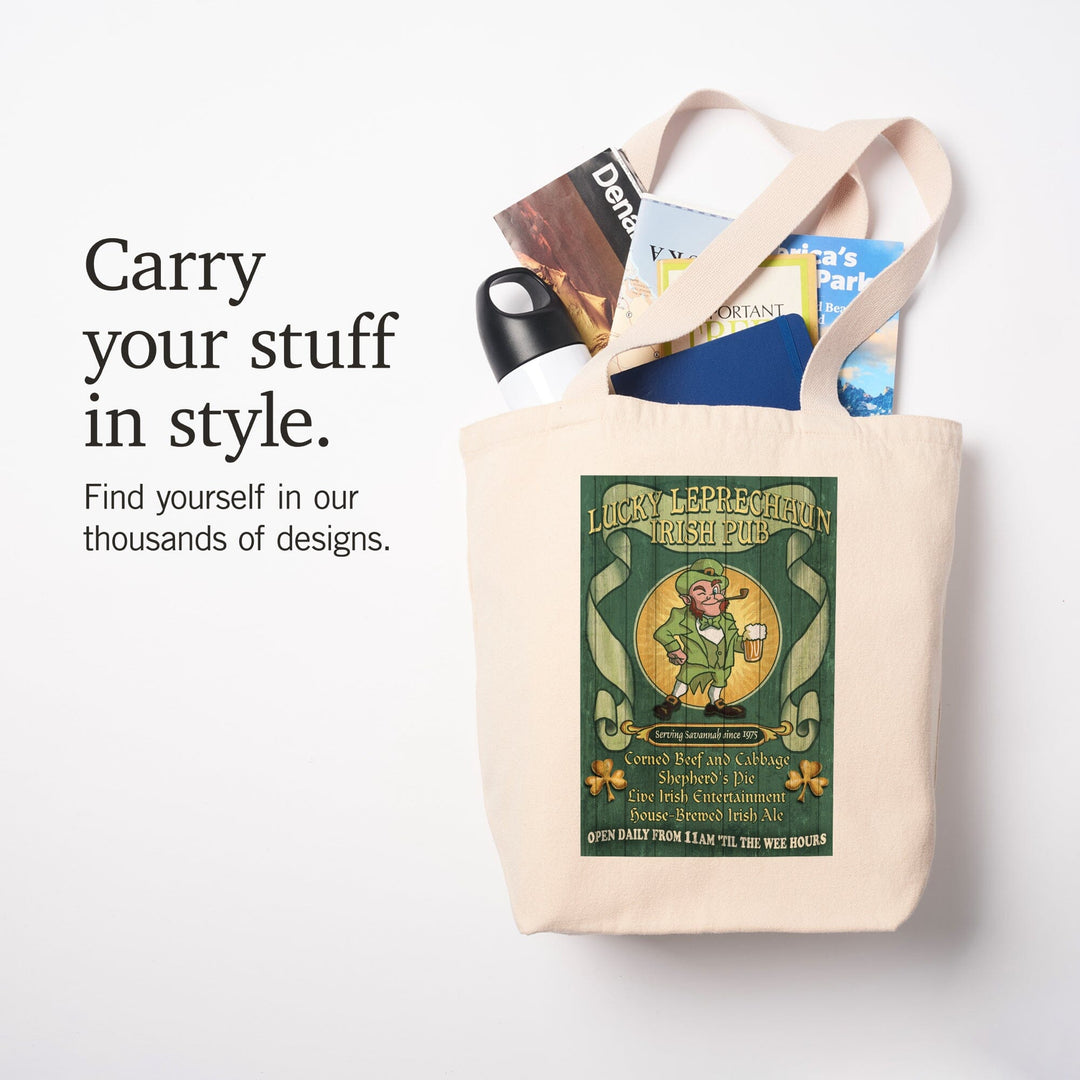 Savannah, Georgia, Leprechaun Irish Pub Vintage Sign, Tote Bag Totes Lantern Press 