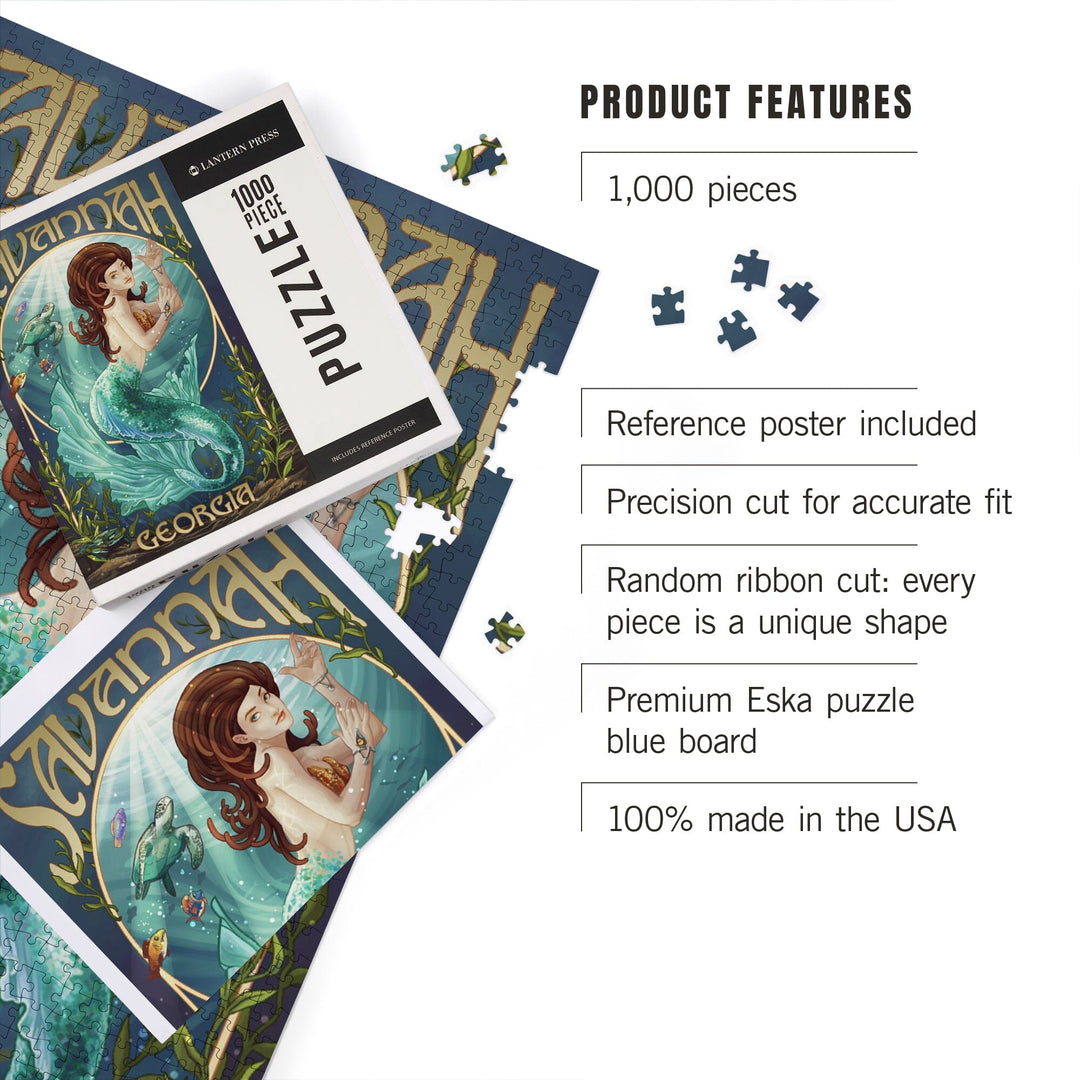 Savannah, Georgia, Mermaid, Teal, Jigsaw Puzzle Puzzle Lantern Press 