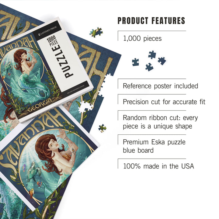 Savannah, Georgia, Mermaid, Teal, Jigsaw Puzzle Puzzle Lantern Press 