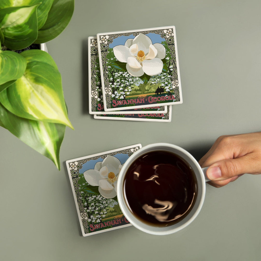 Savannah, Georgia, Single White Magnolia, Coasters Coasters Lantern Press 
