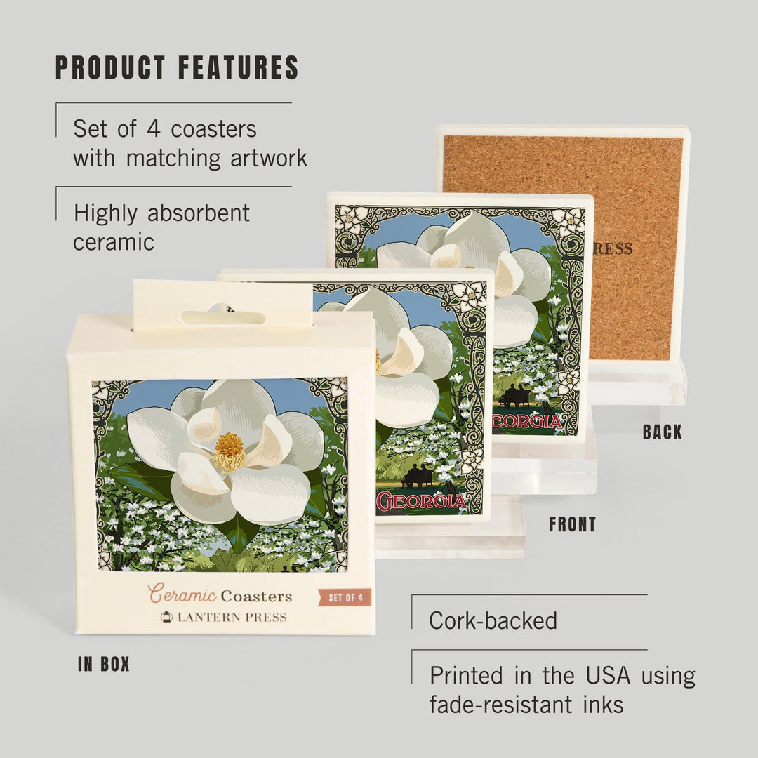 Savannah, Georgia, Single White Magnolia, Coasters Coasters Lantern Press 