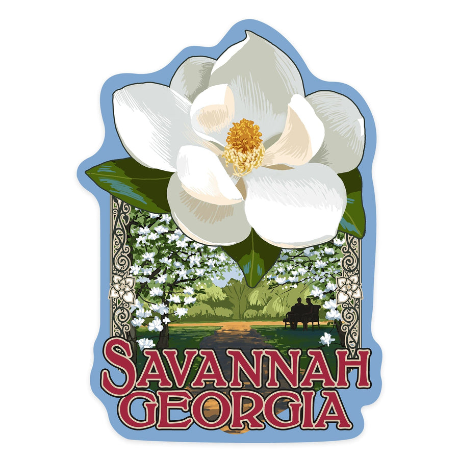 Savannah, Georgia, Single White Magnolia, Contour, Lantern Press Artwork, Vinyl Sticker Sticker Lantern Press 