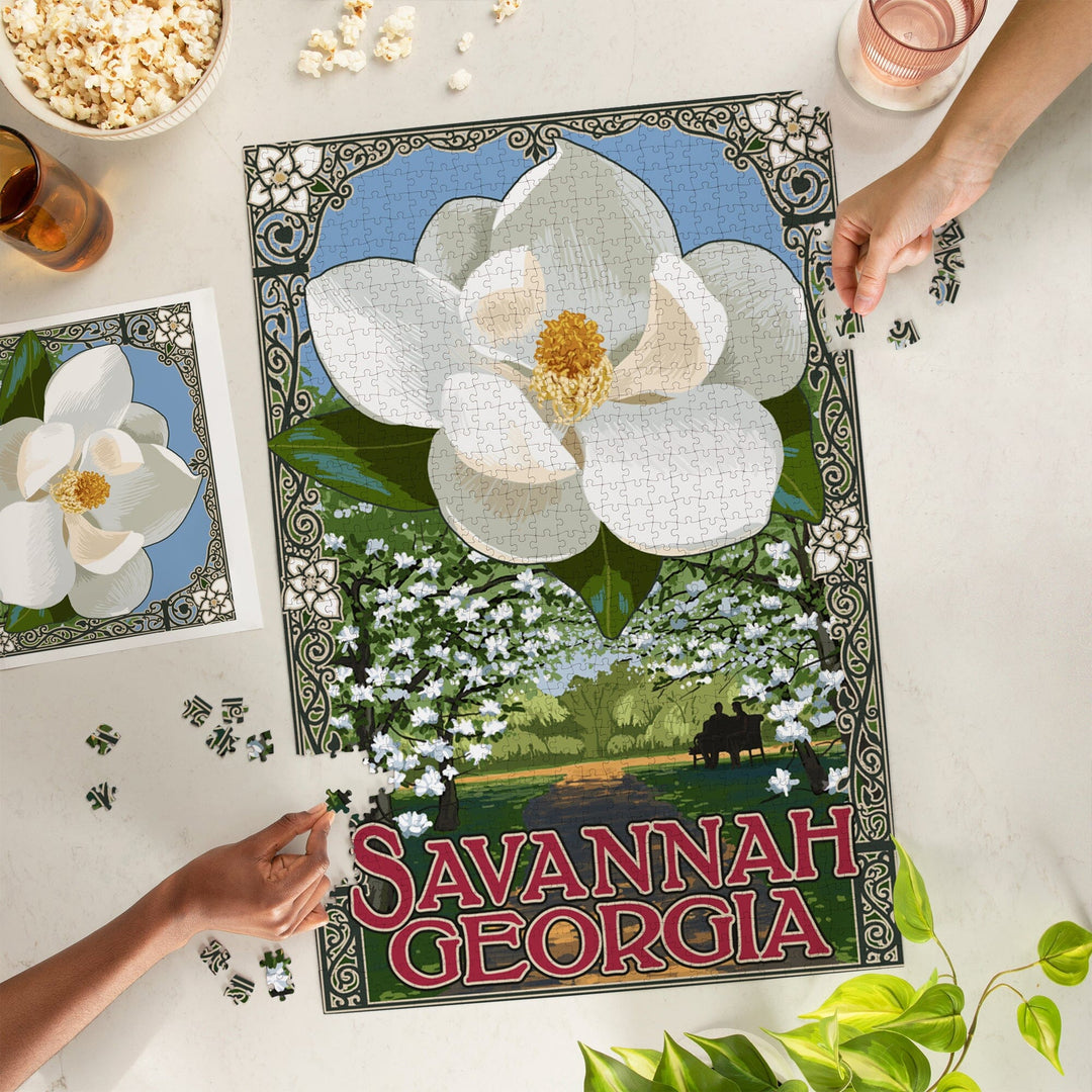 Savannah, Georgia, Single White Magnolia, Jigsaw Puzzle Puzzle Lantern Press 