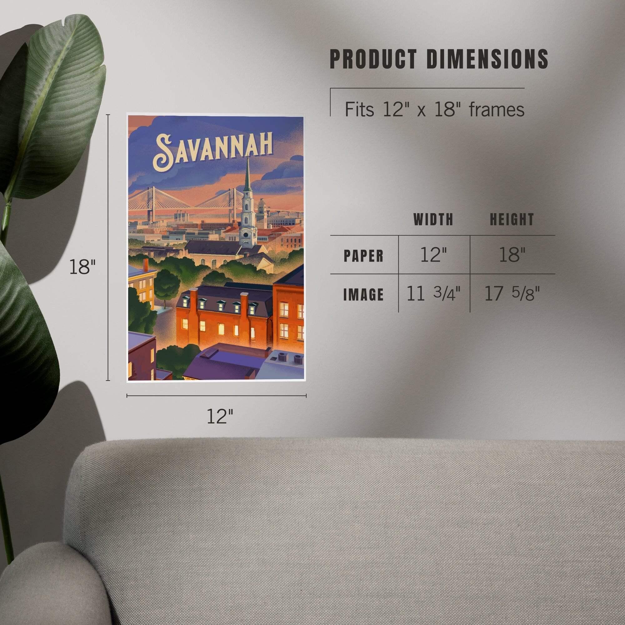 Savannah, Georgia, Skyline, Lithograph art prints, metal signs