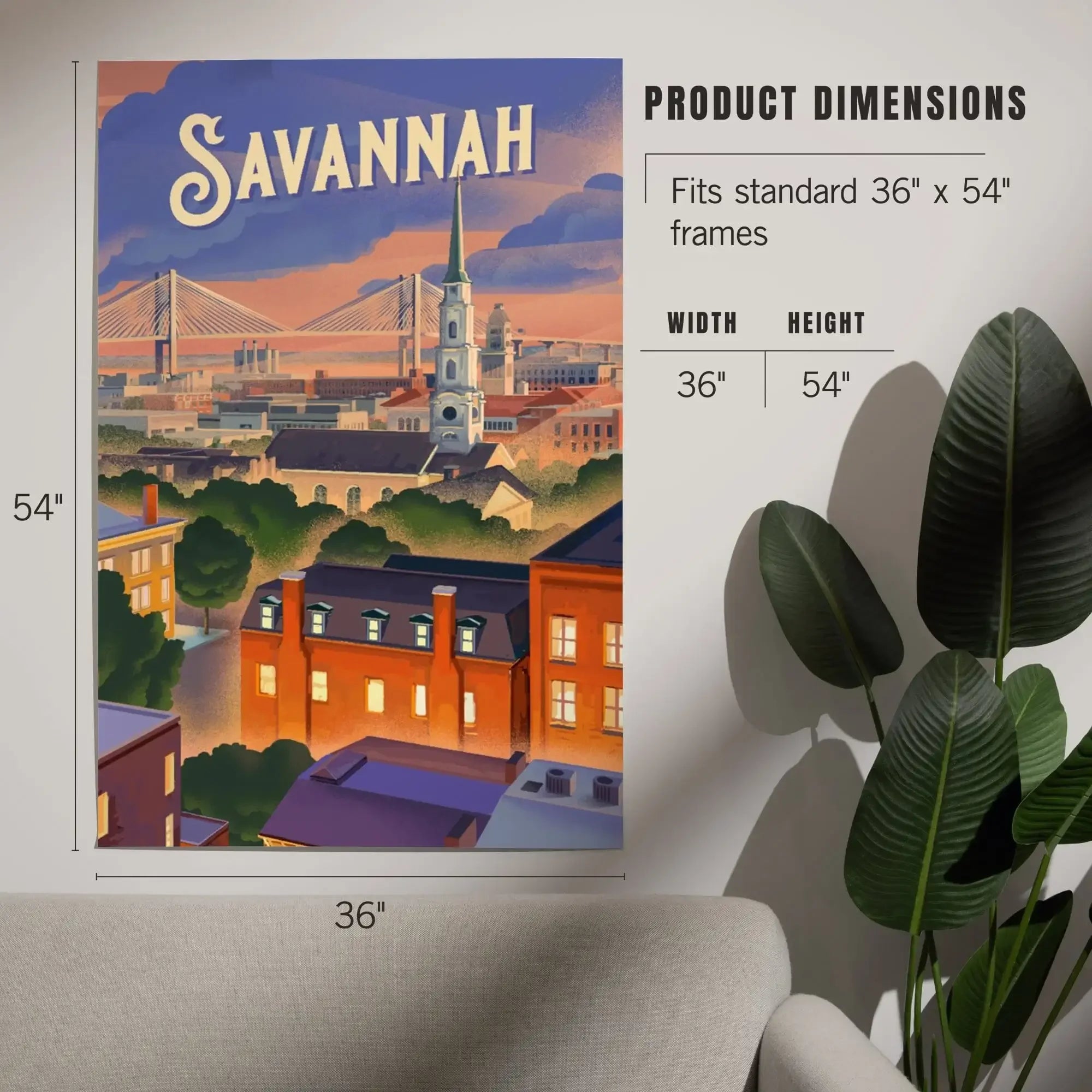Savannah, Georgia, Skyline, Lithograph art prints, metal signs