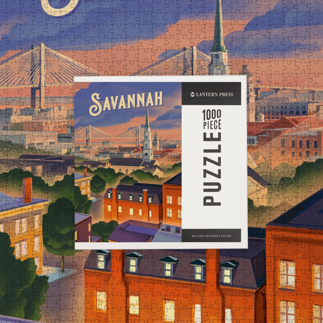 Savannah, Georgia, Skyline, Lithograph, Jigsaw Puzzle Puzzle Lantern Press 