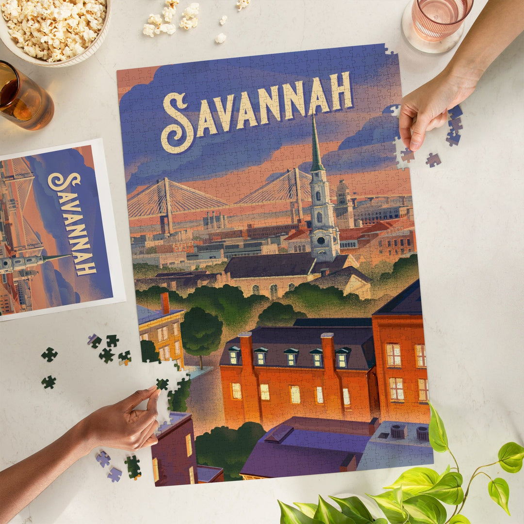 Savannah, Georgia, Skyline, Lithograph, Jigsaw Puzzle Puzzle Lantern Press 