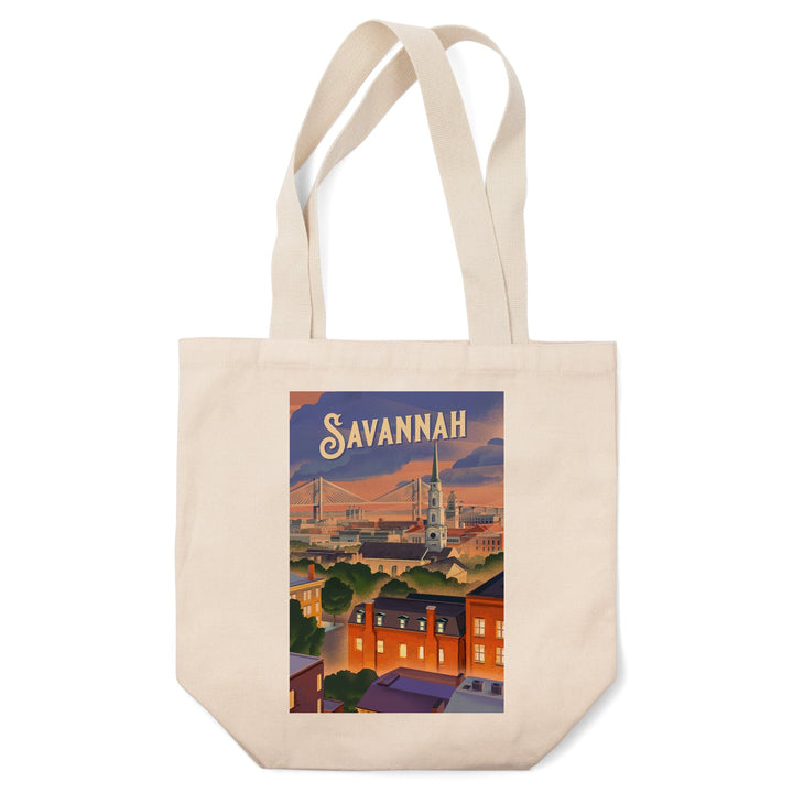 Savannah, Georgia, Skyline, Lithograph Totes Lantern Press 