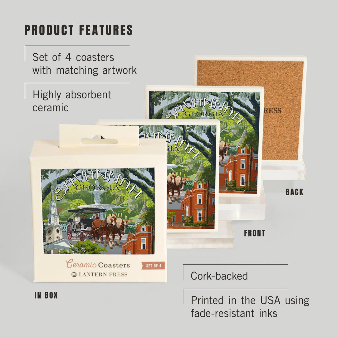 Savannah, Georgia, Town Views, Coasters Coasters Lantern Press 