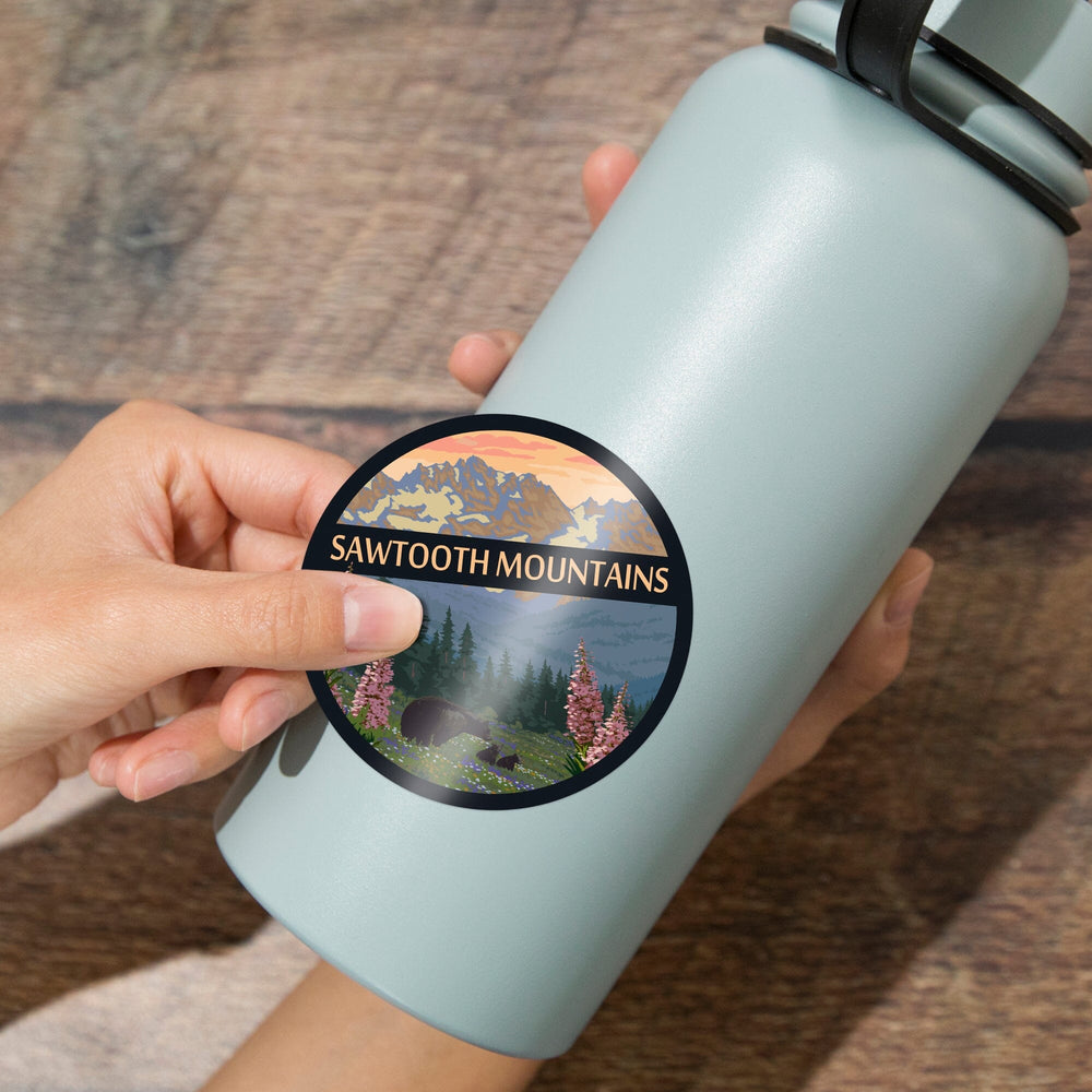 Sawtooth Mountains, Idaho, Bear & Spring Flowers, Contour, Lantern Press Artwork, Vinyl Sticker Sticker Lantern Press 