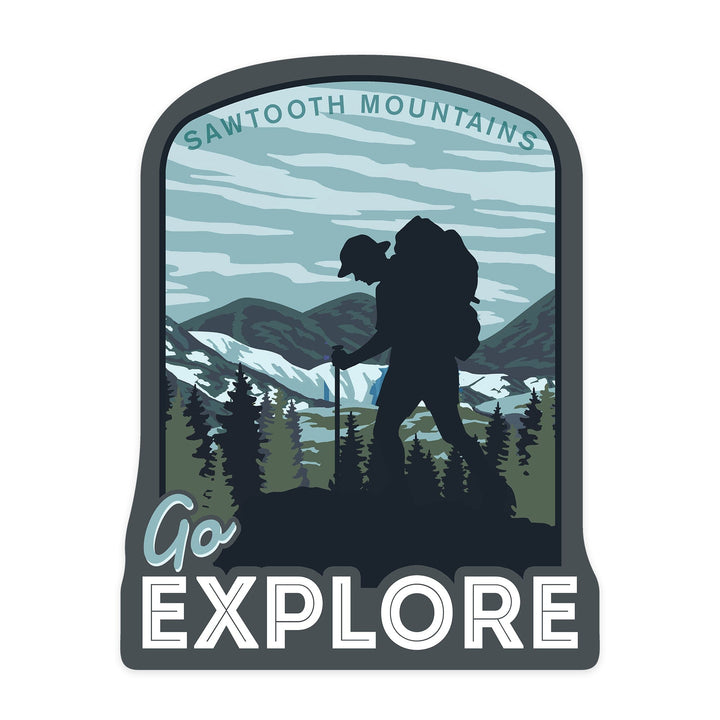 Sawtooth Mountains, Idaho, Go Explore, HIker, Contour, Vinyl Sticker Sticker Lantern Press 