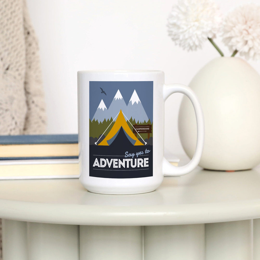 Say Yes to Adventure (Tent), Vector Style, Lantern Press Artwork, Ceramic Mug Mugs Lantern Press 