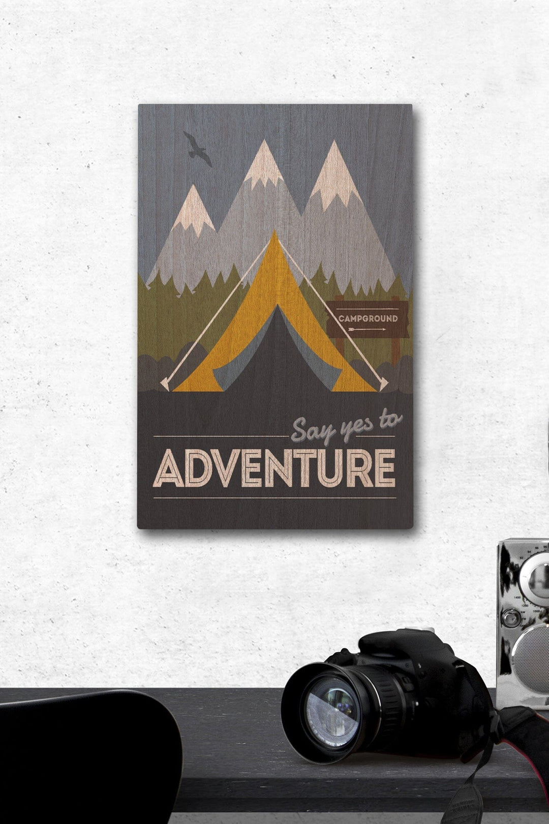 Say Yes to Adventure (Tent), Vector Style, Lantern Press Artwork, Wood Signs and Postcards Wood Lantern Press 12 x 18 Wood Gallery Print 