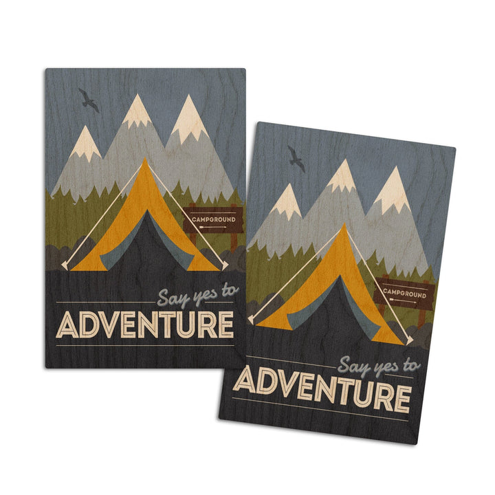 Say Yes to Adventure (Tent), Vector Style, Lantern Press Artwork, Wood Signs and Postcards Wood Lantern Press 4x6 Wood Postcard Set 