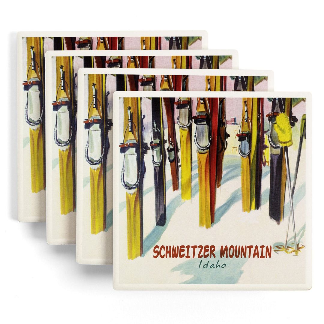 Schweitzer Mountain, Idaho, Colorful Skis, Coaster Set Coasters Lantern Press 