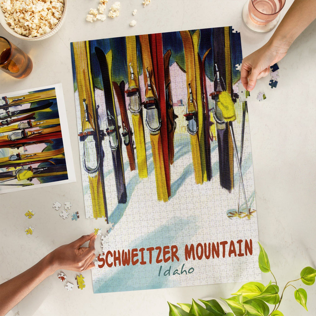Schweitzer Mountain, Idaho, Colorful Skis, Jigsaw Puzzle Puzzle Lantern Press 