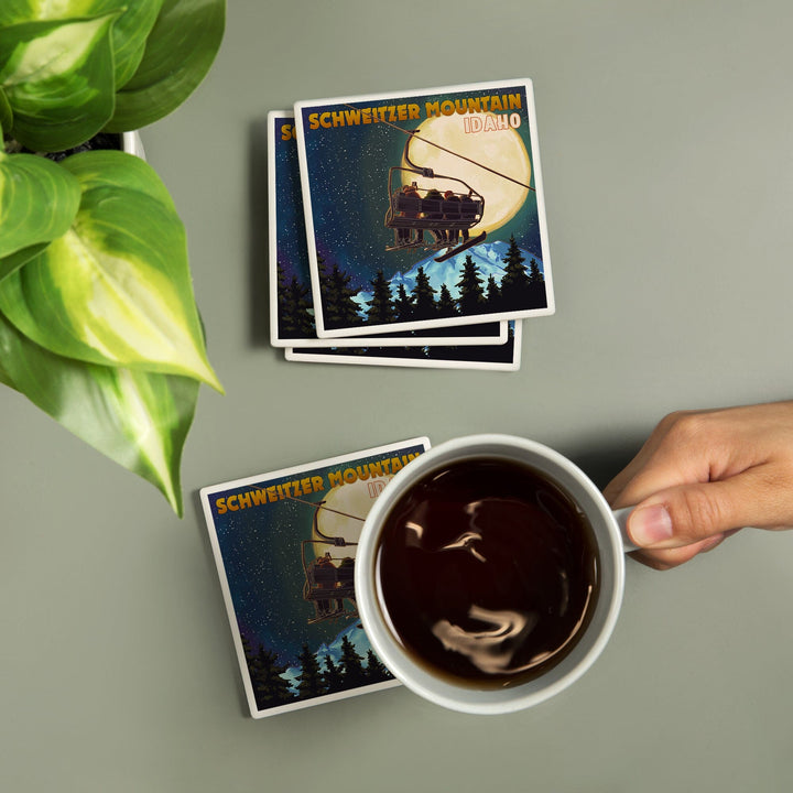 Schweitzer Mountain, Idaho, Ski Lift and Full Moon with Snowboarder, Coaster Set Coasters Lantern Press 