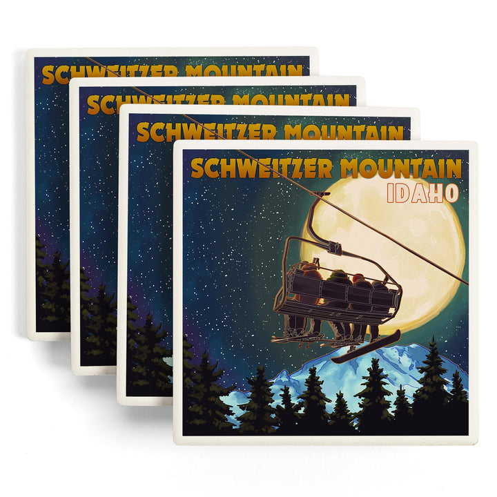 Schweitzer Mountain, Idaho, Ski Lift and Full Moon with Snowboarder, Coaster Set Coasters Lantern Press 