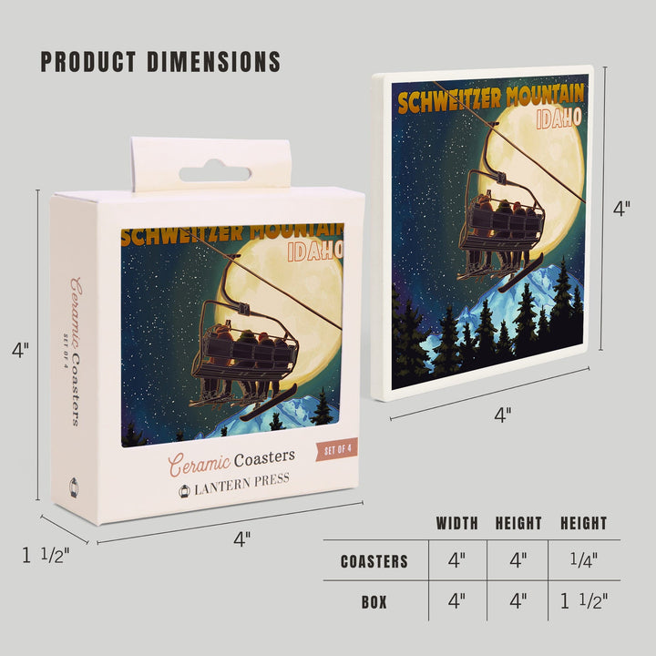 Schweitzer Mountain, Idaho, Ski Lift and Full Moon with Snowboarder, Coaster Set Coasters Lantern Press 