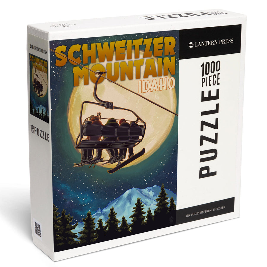 Schweitzer Mountain, Idaho, Ski Lift and Full Moon with Snowboarder, Jigsaw Puzzle Puzzle Lantern Press 