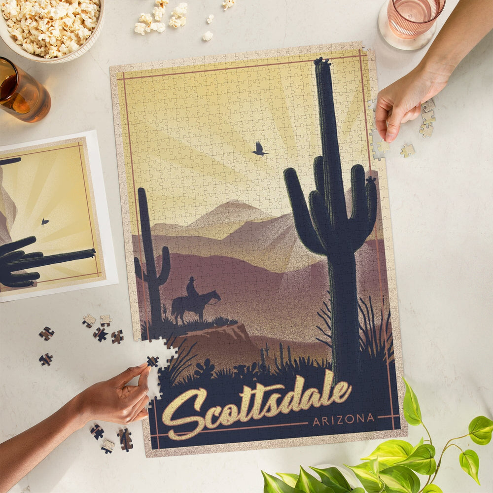 Scottsdale, Arizona, Lithograph, Desert Scene, Jigsaw Puzzle Puzzle Lantern Press 