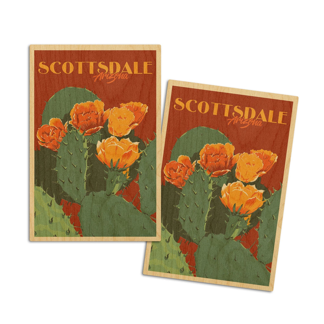 Scottsdale, Arizona, Prickly Pear Cactus, Letterpress, Lantern Press Artwork, Wood Signs and Postcards Wood Lantern Press 4x6 Wood Postcard Set 