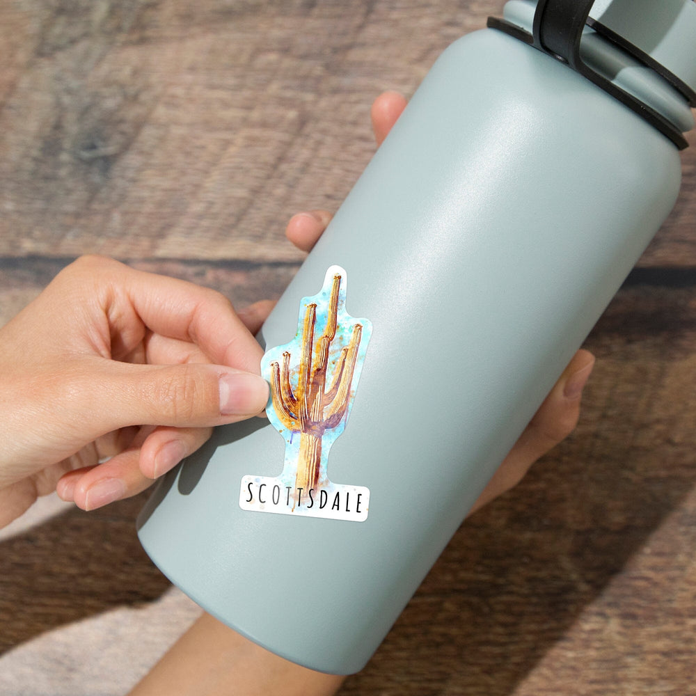 Scottsdale, Arizona, Saguaro Cactus, Watercolor, Contour, Lantern Press Artwork, Vinyl Sticker Sticker Lantern Press 