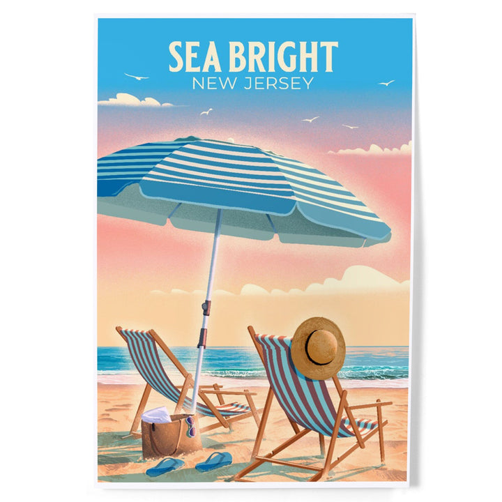 Sea Bright, New Jersey, Lithograph, Beach Chair and Umbrella, Art & Giclee Prints Art Lantern Press 12 x 18 Art Print 