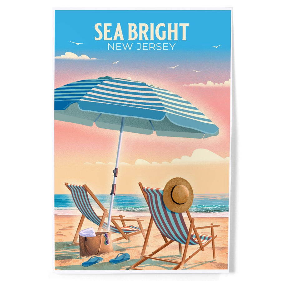 Sea Bright, New Jersey, Lithograph, Beach Chair and Umbrella, Art & Giclee Prints Art Lantern Press 