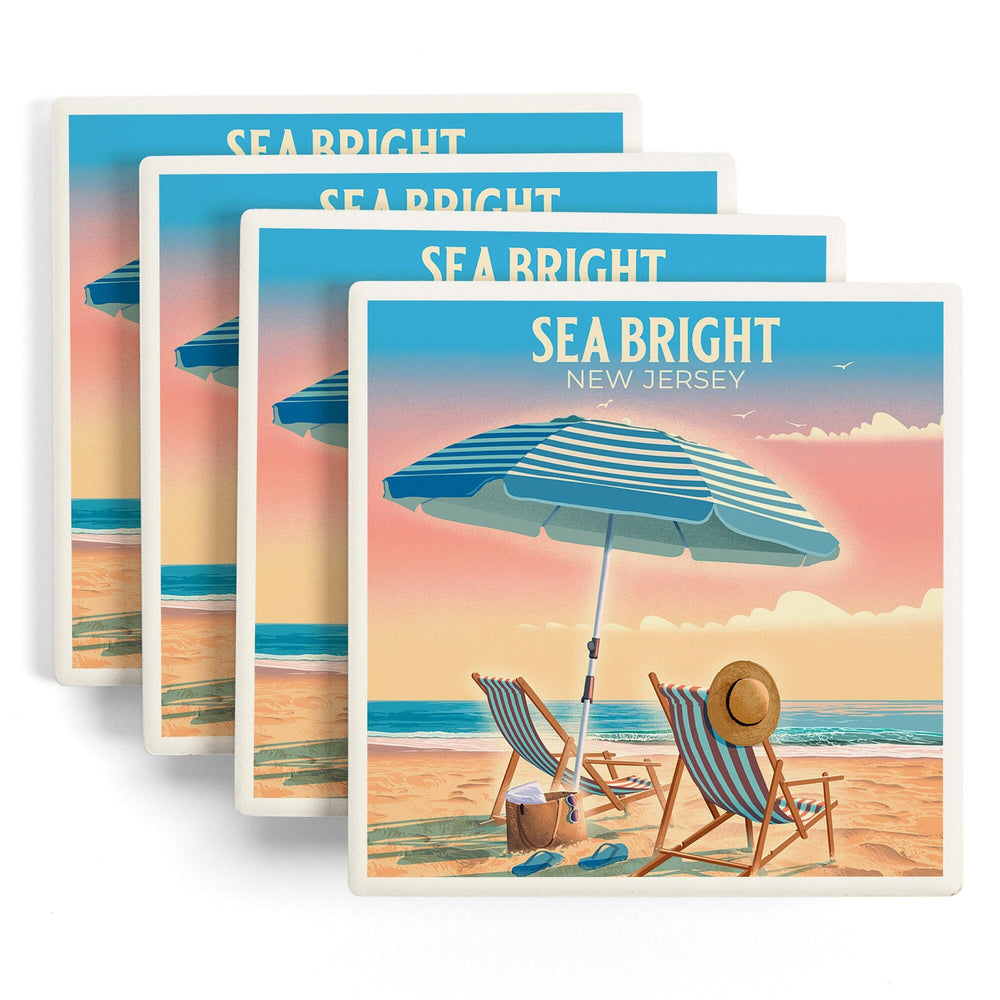 Sea Bright, New Jersey, Lithograph, Beach Chair and Umbrella, Coasters Coasters Lantern Press 