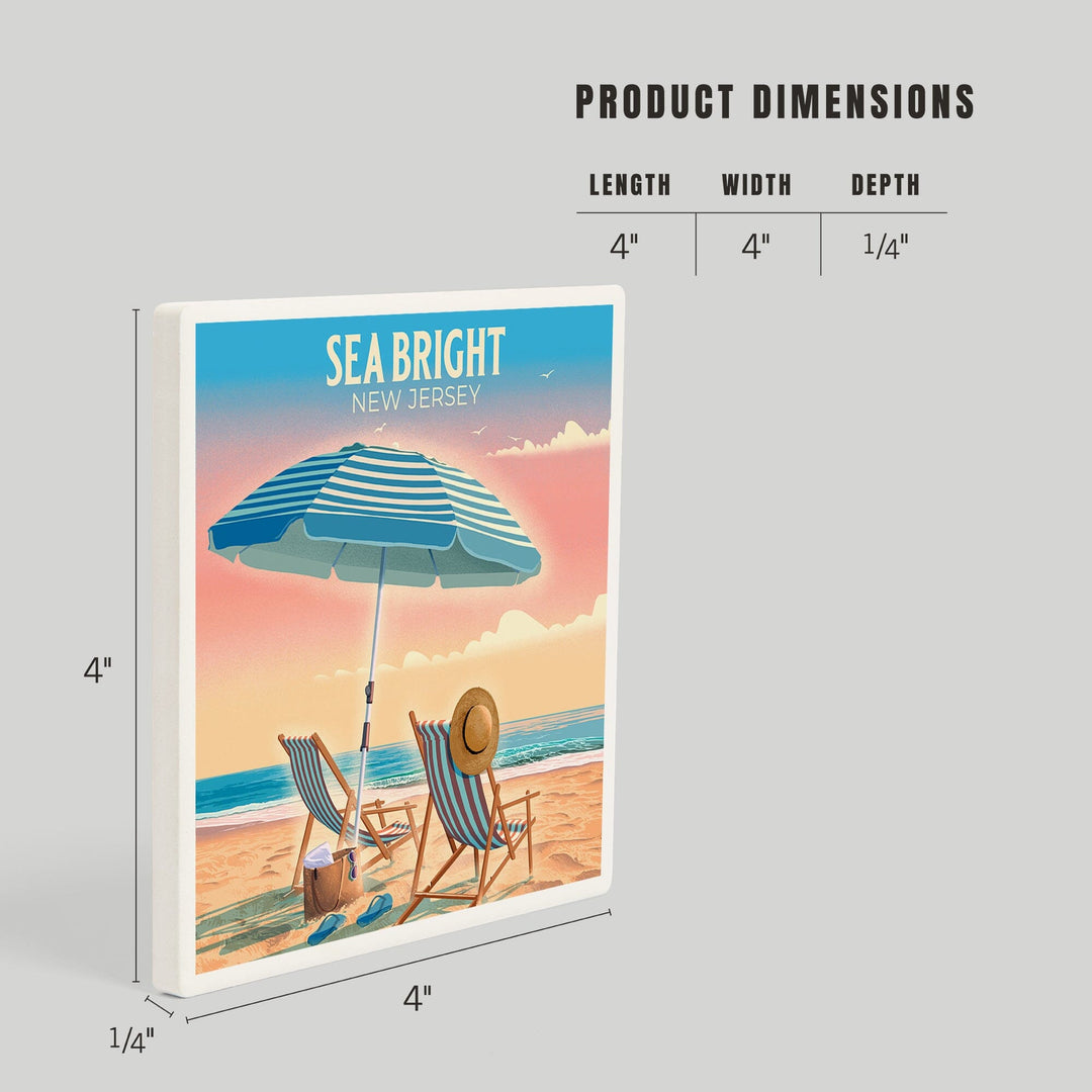 Sea Bright, New Jersey, Lithograph, Beach Chair and Umbrella, Coasters Coasters Lantern Press 