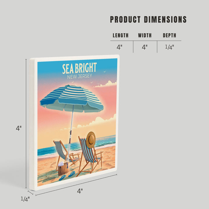 Sea Bright, New Jersey, Lithograph, Beach Chair and Umbrella, Coasters Coasters Lantern Press 