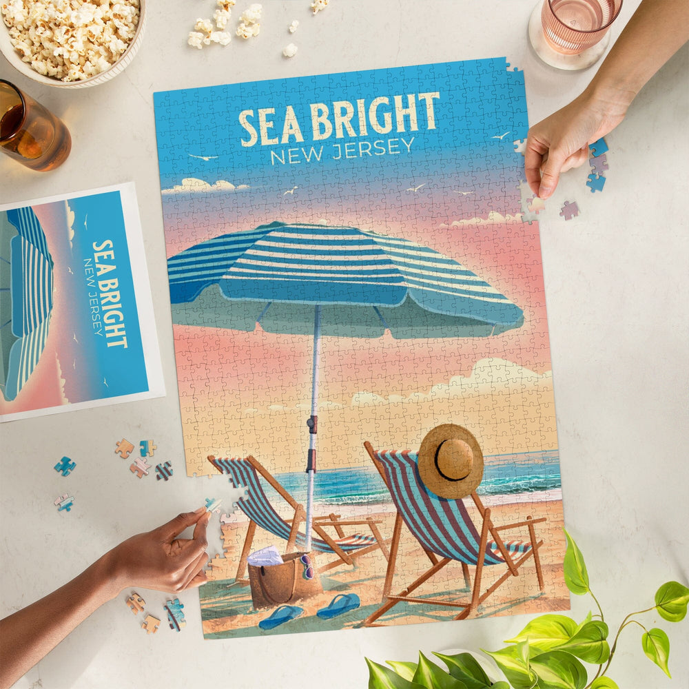 Sea Bright, New Jersey, Lithograph, Beach Chair and Umbrella, Jigsaw Puzzle Puzzle Lantern Press 