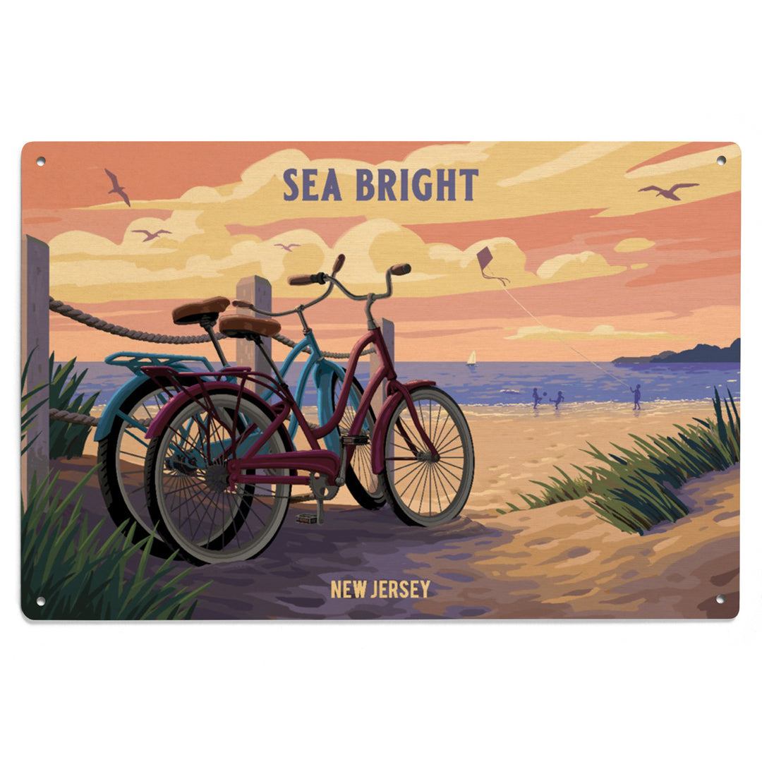 Sea Bright, New Jersey, Painterly, The Beach Is Calling, Beach Bikes, Wood Signs and Postcards Wood Lantern Press 