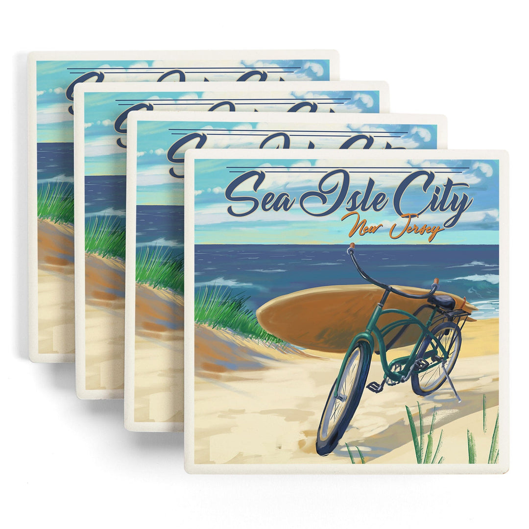 Sea Isle City, New Jersey, Beach Cruiser on Beach, Lantern Press Artwork, Coaster Set Coasters Lantern Press 