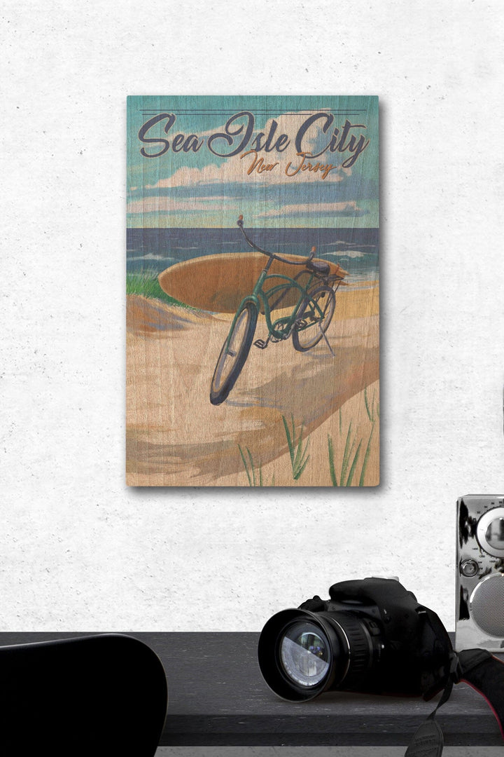 Sea Isle City, New Jersey, Beach Cruiser on Beach, Lantern Press Artwork, Wood Signs and Postcards Wood Lantern Press 12 x 18 Wood Gallery Print 